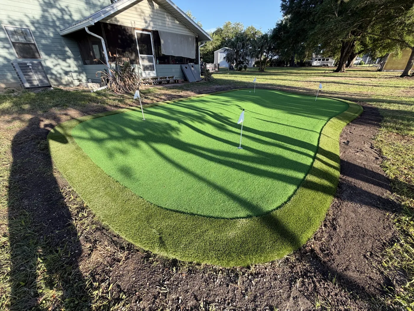 Kidney-shaped putting green with a lighter fringe collar and flags