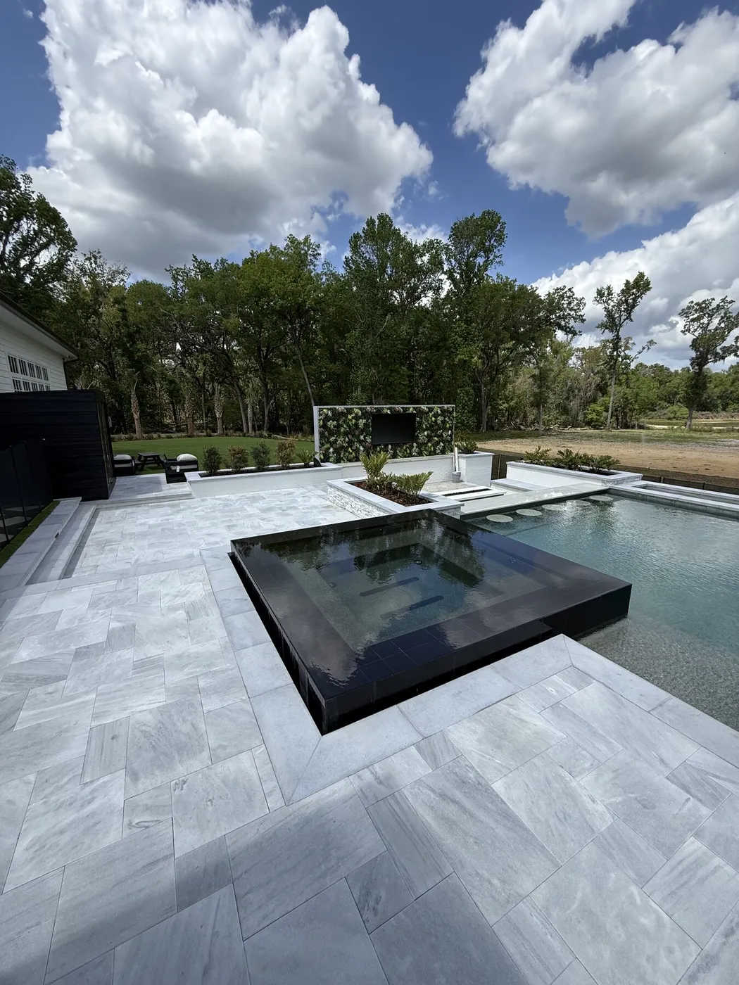 Light stone pool deck around a raised spa and pool, with turf and a living wall beyond